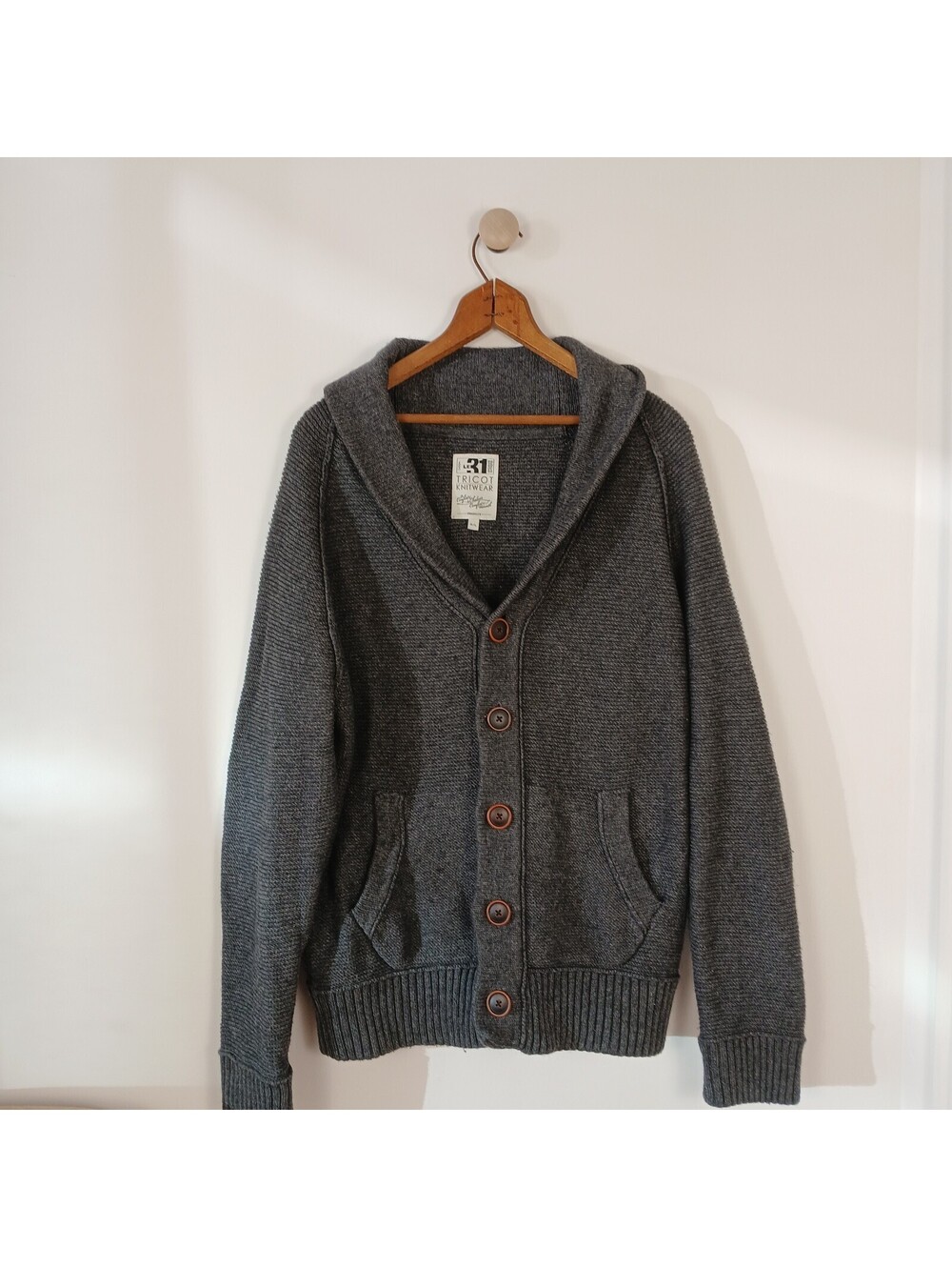 Le31 Simons Men's Cardigan Sweater Large Knit Button Gray Elbow Patches Wool